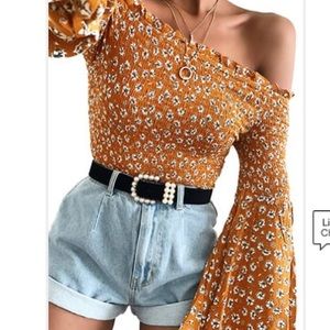 Off the shoulder flower top with trumpet sleeves
